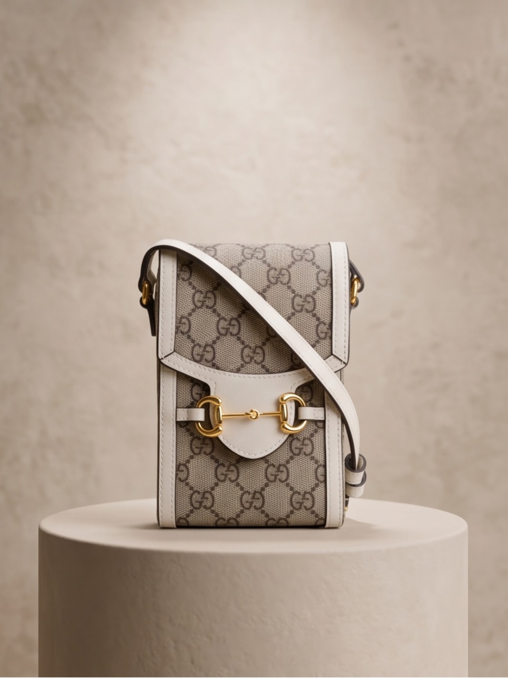 Gucci Beige Monogram Crossbody with White Trim and Gold Horsebit